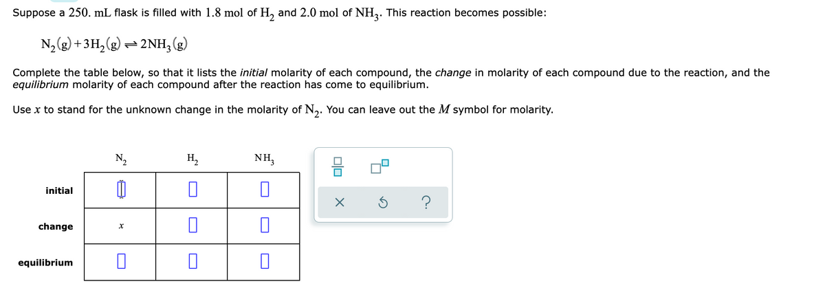 Suppose a 250. mL flask is filled with 1.8 mol of H, and 2.0 mol of NHz. This reaction becomes possible:
3'
N, (g) + 3H,(g) = 2NH, (g)
Complete the table below, so that it lists the initial molarity of each compound, the change in molarity of each compound due to the reaction, and the
equilibrium molarity of each compound after the reaction has come to equilibrium.
Use x to stand for the unknown change in the molarity of N,. You can leave out the M symbol for molarity.
N2
H,
NH,
initial
change
equilibrium
