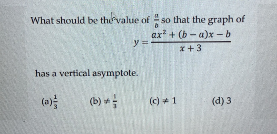 What should be the value of so that the graph of
аx2 + (b - а)х-b
%3D
x + 3
has a vertical asymptote.
(b) *
(c) + 1
(d) 3
1/3
