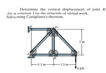 Determine the vertical displacement of joint B.
AE Is constant. Use the nrincinle of virtual work.
Solve using Castigliano's theorem.
2'm
B
Fasm-
-1.5 m
1.5 m
8 kN
