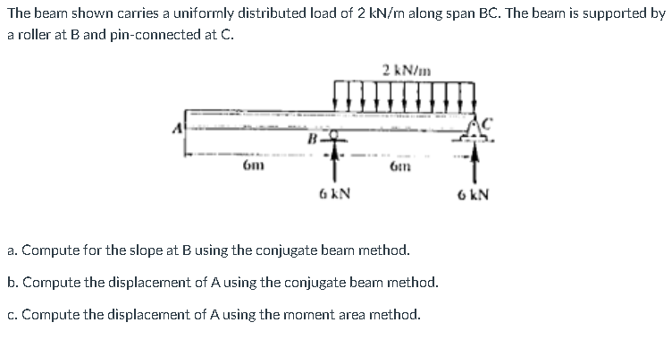 The bearn shown carries a uniformly distributed load of 2 kN/m along span BC. The beam is supported by
a roller at B and pin-connected at C.
2 kN/m
A
B.
6m
6 KN
6 kN
a. Compute for the slope at B using the conjugate beam method.
b. Compute the displacement of A using the conjugate beam method.
c. Compute the displacement of A using the moment area method.
