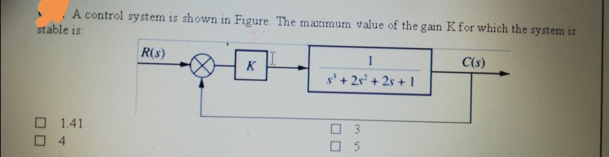 . A control sy stem is shown in Figure. The maximum value of the gain K for which the system is
stable is:
R(s)
1
C(s)
K
s'+ 2s? + 2s + 1
1.41
4

