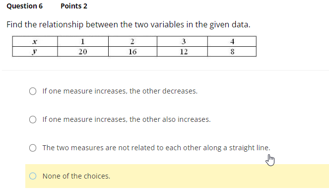 Question 6 Points 2
Find the relationship between the two variables in the given data.
X
1
2
3
4
20
16
12
O If one measure increases, the other decreases.
O If one measure increases, the other also increases.
The two measures are not related to each other along a straight line.
Jy
None of the choices.
8
