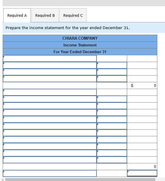 Required A
Required B Required C
Prepare the income statement for the year ended December 31.
CHIARA COMPANY
Income Statement
For Year Ended December 31
0
0