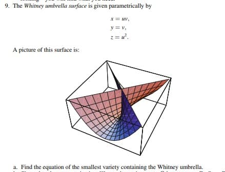 9. The Whitney umbrella surface is given parametrically by
x= uv,
y = v,
2 = ư.
A picture of this surface is:
a. Find the equation of the smallest variety containing the Whitney umbrella.
