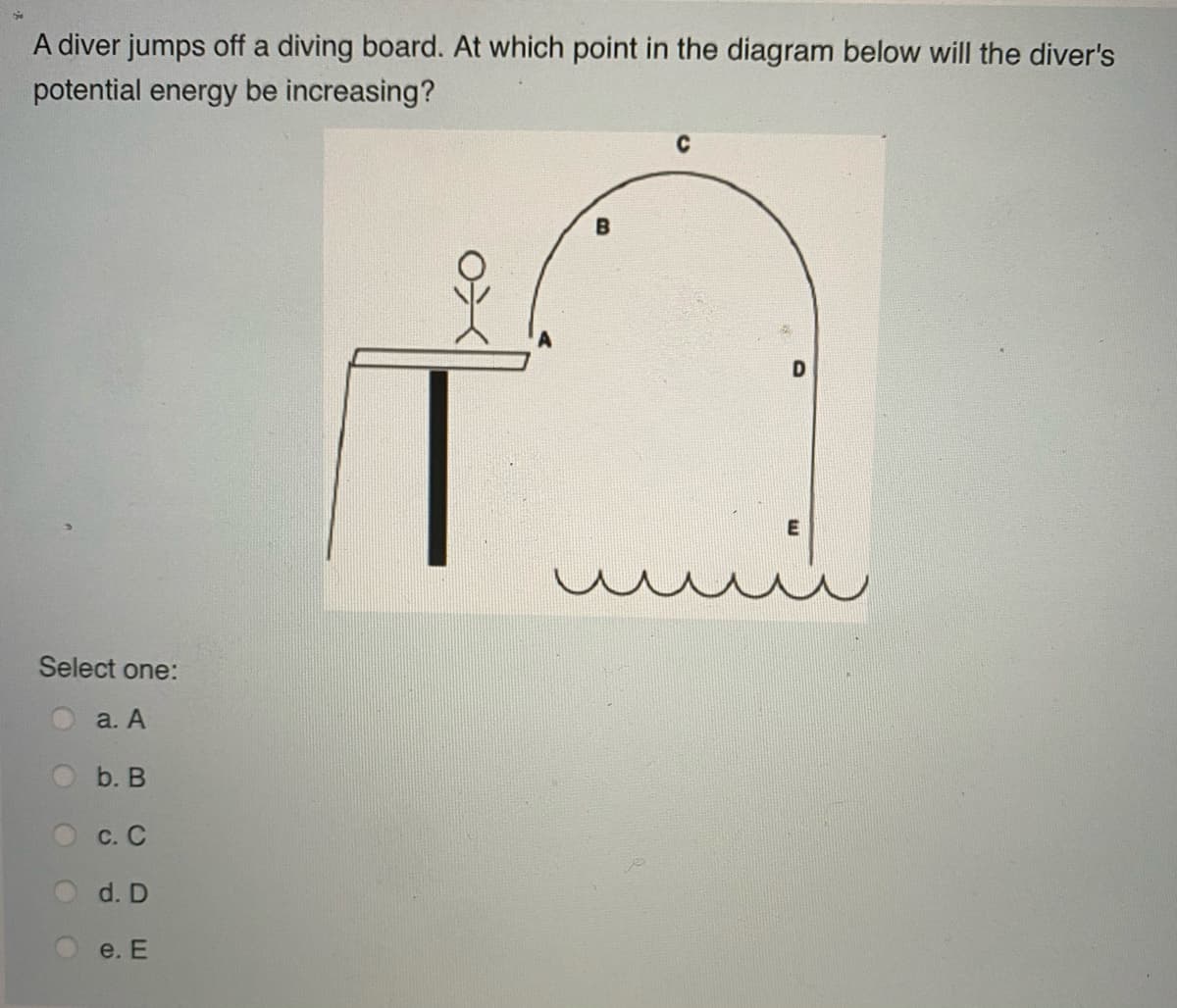 A diver jumps off a diving board. At which point in the diagram below will the diver's
potential energy be increasing?
Select one:
a. А
b. B
С. С
d. D
e. Е
