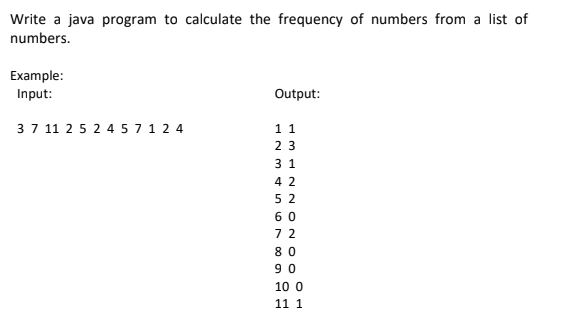 Write a java program to calculate the frequency of numbers from a list of
numbers.
Example:
Input:
Output:
3 7 11 2 5 2 4 5 7 12 4
11
23
31
42
52
60
72
80
90
10 0
11 1