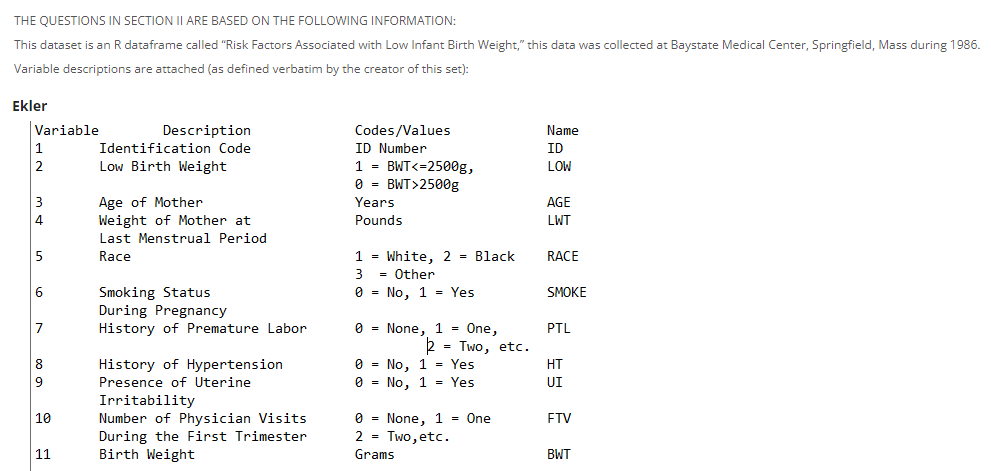 THE QUESTIONS IN SECTION II ARE BASED ON THE FOLLOWING INFORMATION:
This dataset is an R dataframe called "Risk Factors Associated with Low Infant Birth Weight," this data was collected at Baystate Medical Center, Springfield, Mass during 1986.
Variable descriptions are attached (as defined verbatim by the creator of this set):
Ekler
Variable
1
2
3
4
5
6
7
8
9
10
11
Description
Identification Code
Low Birth Weight
Age of Mother
Weight of Mother at
Last Menstrual Period
Race
Smoking Status
During Pregnancy
History of Premature Labor
History of Hypertension
Presence of Uterine
Irritability
Number of Physician Visits
During the First Trimester
Birth Weight
Codes/Values
ID Number
1 = BWT<=2500g,
0 = BWT>2500g
Years
Pounds
1 = White, 2 = Black
3 = Other
0 = No, 1 = Yes
0
0
0
None, 1 = One,
2 = Two, etc.
No, 1 = Yes
No, 1 = Yes
0 = None, 1 = One
2 = Two, etc.
Grams
Name
ID
LOW
AGE
LWT
RACE
SMOKE
PTL
HT
UI
FTV
BWT