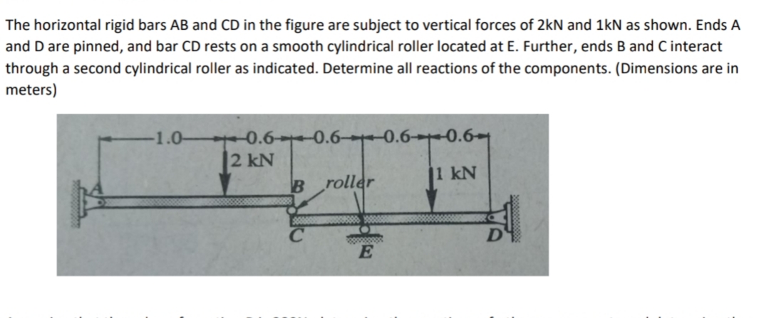 The horizontal rigid bars AB and CD in the figure are subject to vertical forces of 2kN and 1kN as shown. Ends A
and D are pinned, and bar CD rests on a smooth cylindrical roller located at E. Further, ends B and Cinteract
through a second cylindrical roller as indicated. Determine all reactions of the components. (Dimensions are in
meters)
0.6 0.6- 0.6-0.6
2 kN
1.0-
j1 kN
roller
E
