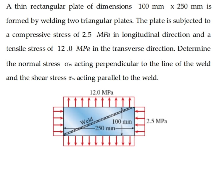 A thin rectangular plate of dimensions 100 mm x 250 mm is
formed by welding two triangular plates. The plate is subjected to
a compressive stress of 2.5 MPa in longitudinal direction and a
tensile stress of 12 .0 MPa in the transverse direction. Determine
the normal stress ow acting perpendicular to the line of the weld
and the shear stress Tw acting parallel to the weld.
12.0 MPa
Weld
-250 mm-
100 mm
2.5 MPa
