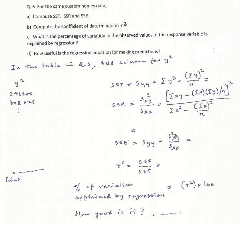 Q. 6 For the same custom homes data,
a) Compute SST, SSR and SSE.
b) Compute the coefficient of determination r2
c) What is the percentage of variation in the observed values of the response variable is
explained by regression?
d) How useful is the regression equation for making predictions?
In the table i &.5. Add Lolummn for y
Syya E y?_
%3D
SST e
241b00
2
308025
S SR =
E x? - CIx)?
SSE 2 Syy
Sxx
SSR
S ST
Totat
% of variation
explained by regression
How good is it ?
