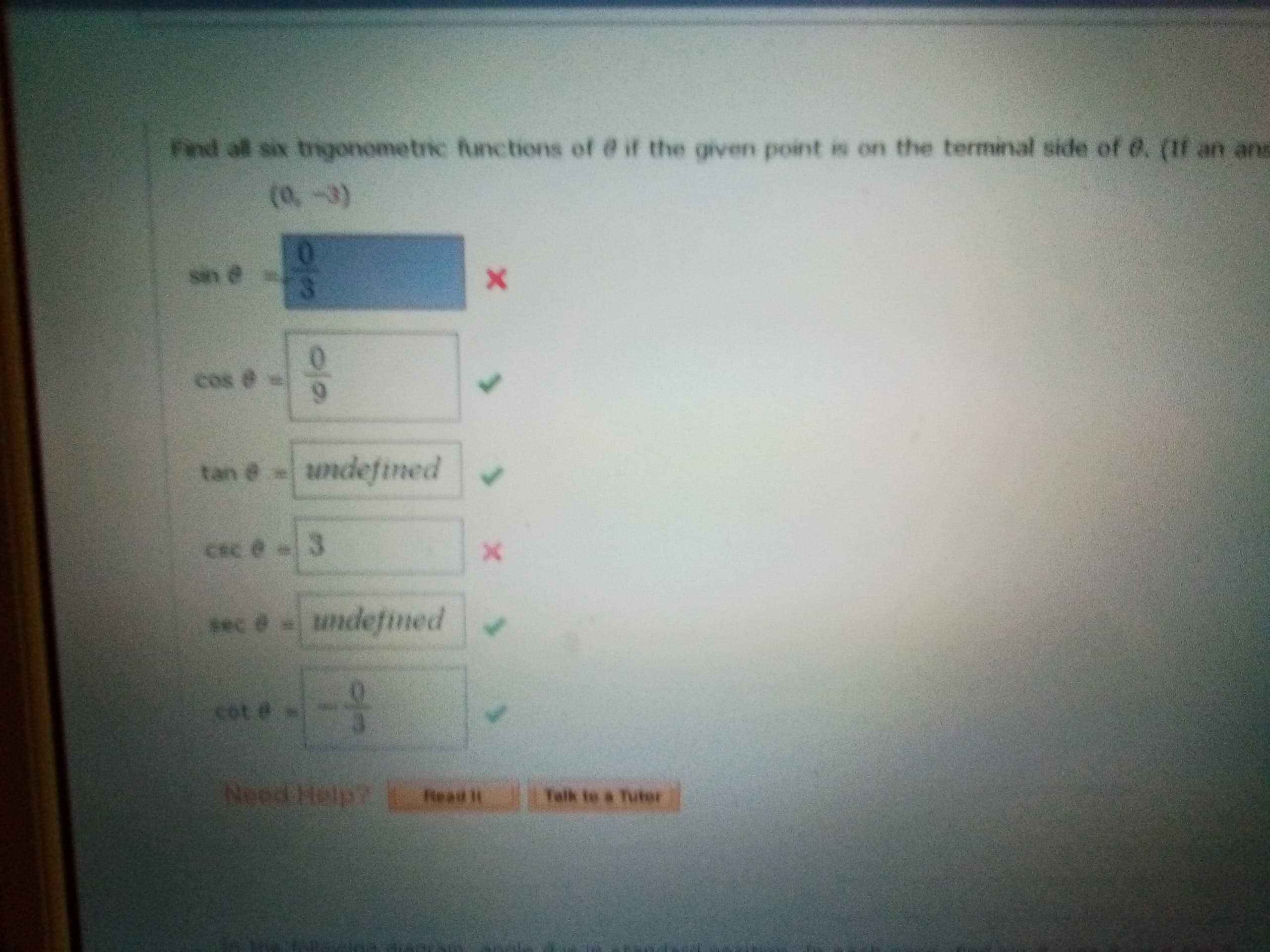 Find all six trigonometric functions of @ if the given point is on the terminal side of 6. (1f an ans
(0,-3)
sin @
cos @
tan @undefined
sec @undefined
cot e
Need Help?
Talk to a Tuter
Read It
01/0
