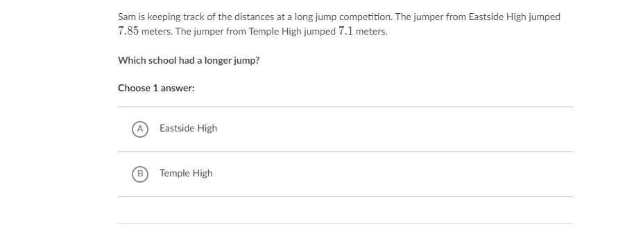 Sam is keeping track of the distances at a long jump competition. The jumper from Eastside High jumped
7.85 meters. The jumper from Temple High jumped 7.1 meters.
Which school had a longer jump?
Choose 1 answer:
Eastside High
Temple High
