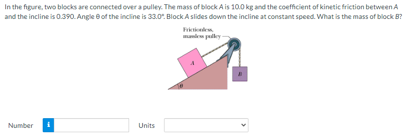 In the figure, two blocks are connected over a pulley. The mass of block A is 10.0 kg and the coefficient of kinetic friction between A
and the incline is 0.390. Angle e of the incline is 33.0°. Block A slides down the incline at constant speed. What is the mass of block B?
Frictionless,
massless pulley -
Number
Units
