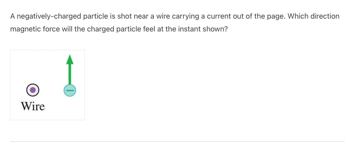 A negatively-charged particle is shot near a wire carrying a current out of the page. Which direction
magnetic force will the charged particle feel at the instant shown?
Wire
