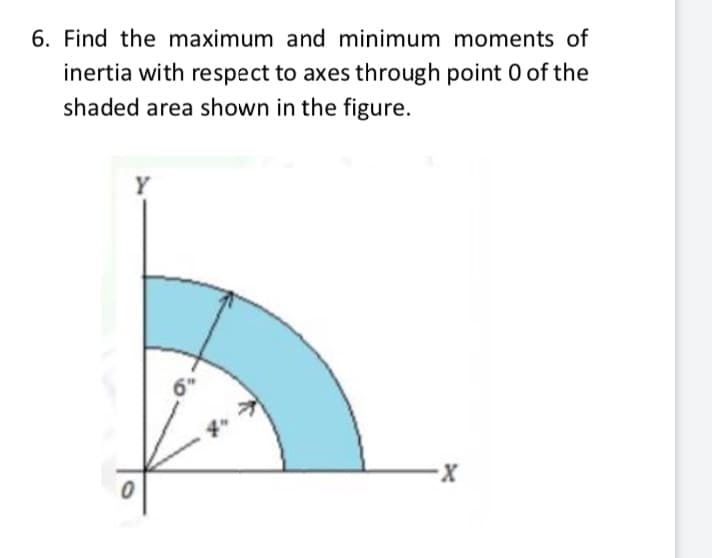 6. Find the maximum and minimum moments of
inertia with respect to axes through point 0 of the
shaded area shown in the figure.
6"
