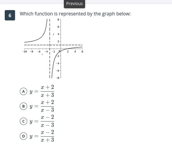 Previous
Which function is represented by the graph below:
6-
4
-10
-8
-6
-4-
-6
x + 2
A y
x + 3
x + 2
B) y
3
2
%3D
3
D y
x + 3
