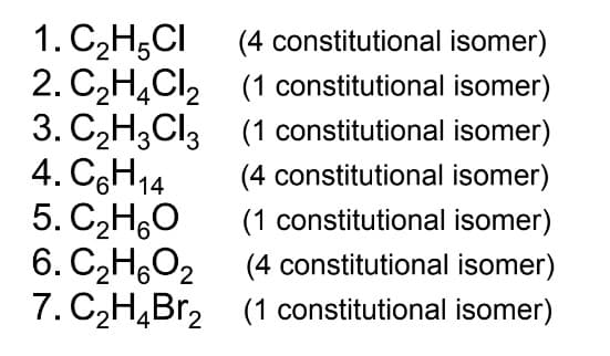 1. C₂H5CI
2. C₂H4Cl₂
3. C₂H3Cl3
4. C6H14
5. C₂H6O
6. C₂H6O₂
7. C₂H₂Br₂
(4 constitutional isomer)
(1 constitutional isomer)
(1 constitutional isomer)
(4 constitutional isomer)
(1 constitutional isomer)
(4 constitutional isomer)
(1 constitutional isomer)