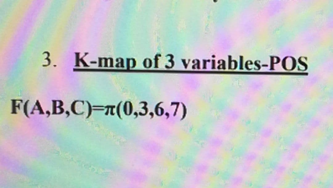 3. K-map of 3 variables-POS
F(A,B,C)=r(0,3,6,7)
