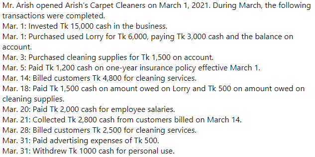 Mr. Arish opened Arish's Carpet Cleaners on March 1, 2021. During March, the following
transactions were completed.
Mar. 1: Invested Tk 15,000 cash in the business.
Mar. 1: Purchased used Lorry for Tk 6,000, paying Tk 3,000 cash and the balance on
account.
Mar. 3: Purchased cleaning supplies for Tk 1,500 on account.
Mar. 5: Paid Tk 1,200 cash on one-year insurance policy effective March 1.
Mar. 14: Billed customers Tk 4,800 for cleaning services.
Mar. 18: Paid Tk 1,500 cash on amount owed on Lorry and Tk 500 on amount owed on
cleaning supplies.
Mar. 20: Paid Tk 2,000 cash for employee salaries.
Mar. 21: Collected Tk 2,800 cash from customers billed on March 14.
Mar. 28: Billed customers Tk 2,500 for cleaning services.
Mar. 31: Paid advertising expenses of Tk 500.
Mar. 31: Withdrew Tk 1000 cash for personal use.
