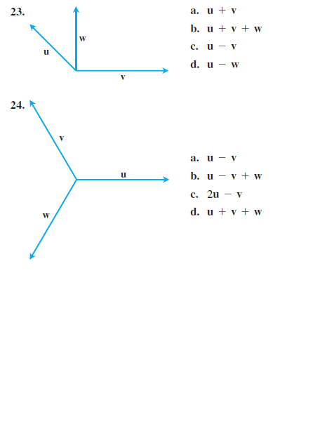 23.
a. u + v
b. u + v + w
c. u - v
d. u - w
24.
а. и — у
u
b. u — у + w
c. 2u – v
d. u + v + w
