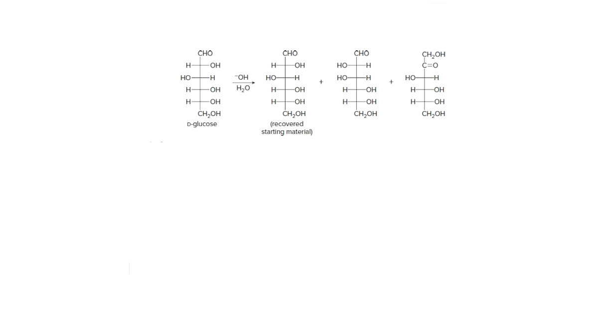 CHO
CHO
CHO
CH,OH
C=0
H
HO
H-
OH
но
Но-
H,0
Но
HO-
-H
но
-H
но
OH
H-
H-
-O-
H-
HO-
OH
OH
но-
CH,OH
ČH,OH
CH,OH
CH,OH
D-glucose
(recovered
starting material)
