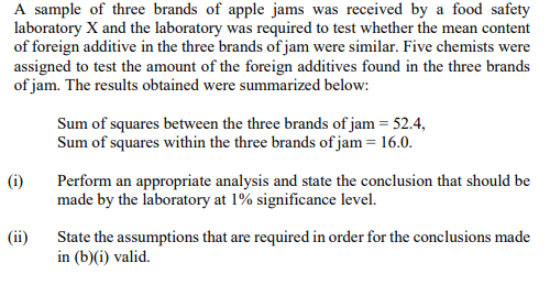 A sample of three brands of apple jams was received by a food safety
laboratory X and the laboratory was required to test whether the mean content
of foreign additive in the three brands of jam were similar. Five chemists were
assigned to test the amount of the foreign additives found in the three brands
of jam. The results obtained were summarized below:
Sum of squares between the three brands of jam = 52.4,
Sum of squares within the three brands of jam = 16.0.
Perform an appropriate analysis and state the conclusion that should be
made by the laboratory at 1% significance level.
(ii) State the assumptions that are required in order for the conclusions made
in (b)(i) valid.
