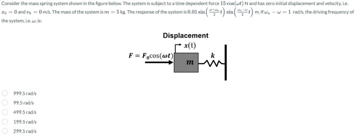 Consider the mass spring system shown in the figure below. The system is subject to a time dependent force 15 cos (wt) N and has zero initial displacement and velocity, i.e.
w+wn
= 0 m/s. The mass of the system is m = 5 kg. The response of the system is 0.01 sin ( t) sin(wwt) m. Ifwn - w = 1 rad/s, the driving frequency of
20 = 0 and vo
system, i.e.w, is:
the
00000
999.5 rad/s
99.5 rad/s
499.5 rad/s
199.5 rad/s
299.5 rad/s
Displacement
x(t)
F = Focos(wt)
m
k
Lüf