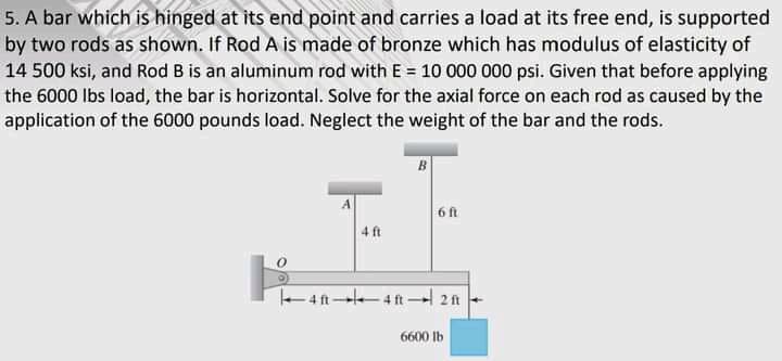 5. A bar which is hinged at its end point and carries a load at its free end, is supported
by two rods as shown. If Rod A is made of bronze which has modulus of elasticity of
14 500 ksi, and Rod B is an aluminum rod with E = 10 000 000 psi. Given that before applying
the 6000 Ibs load, the bar is horizontal. Solve for the axial force on each rod as caused by the
application of the 6000 pounds load. Neglect the weight of the bar and the rods.
B
6ft
4 ft
4ft-4 ft 2n
6600 Ib
