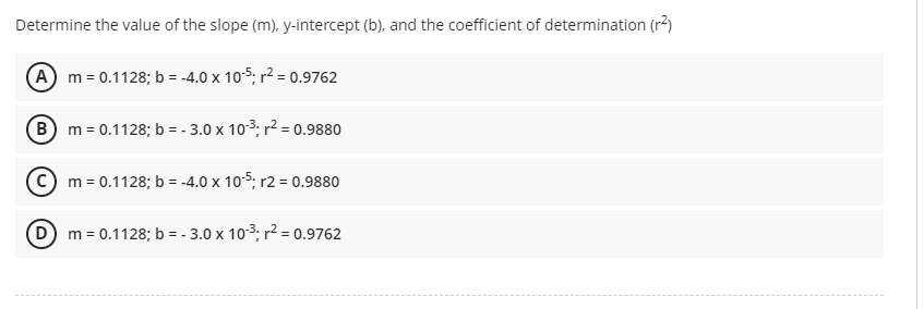 Determine the value of the slope (m), y-intercept (b), and the coefficient of determination (r²)
(A) m = 0.1128; b = -4.0 x 10-5; r² = 0.9762
(B) m = 0.1128; b = -3.0 x 10-³; r² = 0.9880
m = 0.1128; b = -4.0 x 10-5; r2 = 0.9880
(D) m = 0.1128; b= -3.0 x 10-³; r² = 0.9762