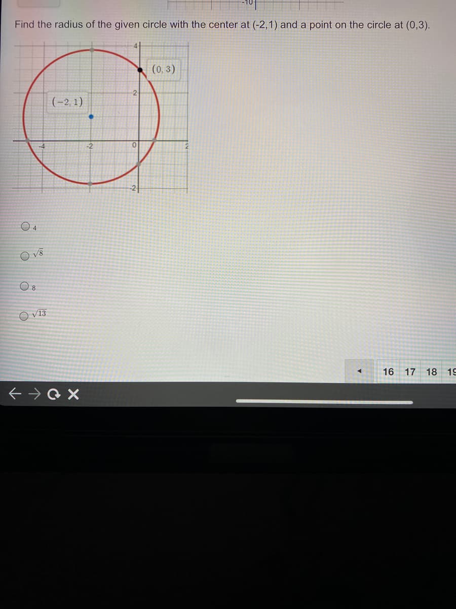 Find the radius of the given circle with the center at (-2,1) and a point on the circle at (0,3).
(0, 3)
2.
(-2, 1)
-2
O võ
O 8
O V13
16 17 18 19
