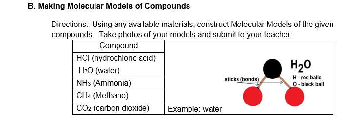 B. Making Molecular Models of Compounds
Directions: Using any available materials, construct Molecular Models of the given
compounds. Take photos of your models and submit to your teacher.
Compound
HCI (hydrochloric acid)
H2O (water)
H20
H- red balls
O- black ball
NH3 (Ammonia)
sticks (bonds)
CH4 (Methane)
CO2 (carbon dioxide)
Example: water
