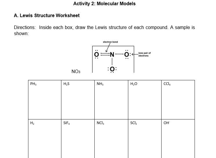Activity 2: Molecular Models
A. Lewis Structure Worksheet
Directions: Inside each box, draw the Lewis structure of each compound. A sample is
shown:
electron bond
lone pair of
electrons
NO3
PH3
H;S
NH3
H20
Cla
H2
SIF4
NCI3
SCl,
OH
:0:
