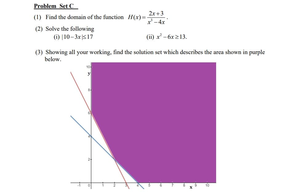 Problem Set C
2x+3
(1) Find the domain of the function H(x)=
x' - 4x
(2) Solve the following
(i) |10–3x|517
(ii) x? - 6x >13.
(3) Showing all your working, find the solution set which describes the area shown in purple
below.
10-
y
8-
10
