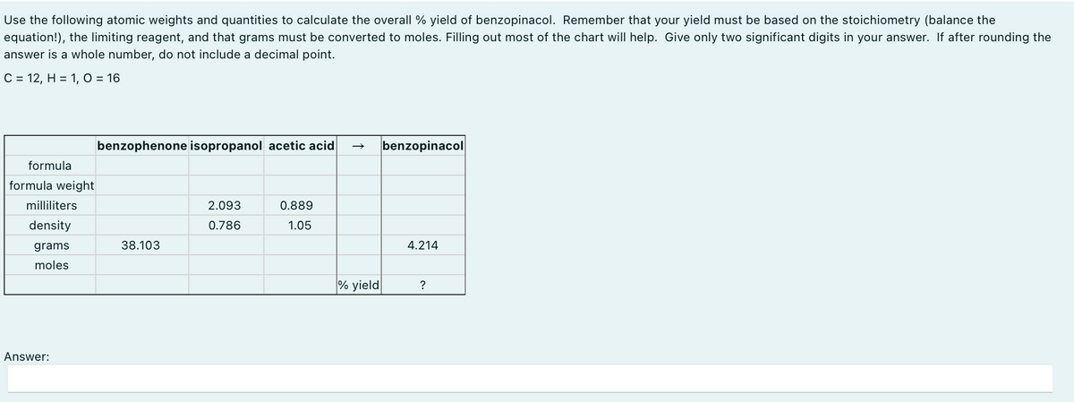 Use the following atomic weights and quantities to calculate the overall % yield of benzopinacol. Remember that your yield must be based on the stoichiometry (balance the
equation!), the limiting reagent, and that grams must be converted to moles. Filling out most of the chart will help. Give only two significant digits in your answer. If after rounding the
answer is a whole number, do not include a decimal point.
C = 12, H = 1, O = 16
benzophenone isopropanol acetic acid
→>> benzopinacol
formula
formula weight
milliliters
2.093
0.889
density
0.786
1.05
grams
moles
38.103
4.214
Answer:
% yield
?