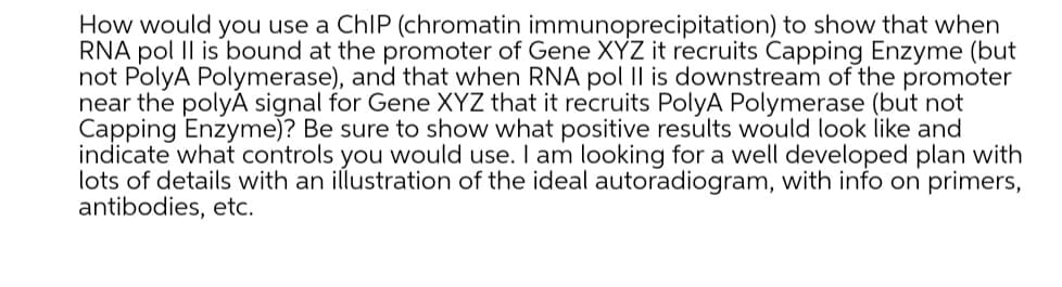 How would you use a ChIP (chromatin immunoprecipitation) to show that when
RNA pol Il is bound at the promoter of Gene XYZ it recruits Capping Enzyme (but
not PolyA Polymerase), and that when RNA pol Il is downstream of the promoter
near the polyA signal for Gene XYZ that it recruits PolyA Polymerase (but not
Capping Enzyme)? Be sure to show what positive results would look like and
indicate what controls you would use. I am looking for a well developed plan with
lots of details with an illustration of the ideal autoradiogram, with info on primers,
antibodies, etc.
