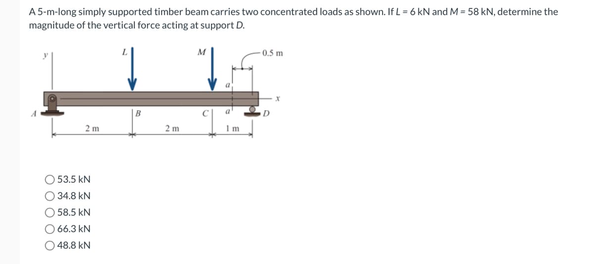 A 5-m-long simply supported timber beam carries two concentrated loads as shown. If L = 6 kN and M = 58 kN, determine the
magnitude of the vertical force acting at support D.
2 m
O 53.5 kN
O 34.8 KN
O 58.5 kN
O 66.3 kN
O 48.8 KN
B
2 m
M
a
a
1 m
-0.5 m
D