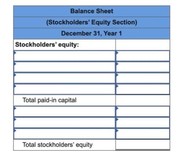 Balance Sheet
(Stockholders' Equity Section)
December 31, Year 1
Stockholders' equity:
Total paid-in capital
Total stockholders' equity
