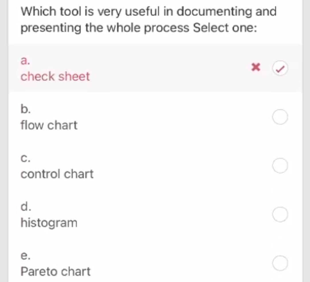 Which tool is very useful in documenting and
presenting the whole process Select one:
a.
check sheet
b.
flow chart
с.
control chart
d.
histogram
е.
Pareto chart
