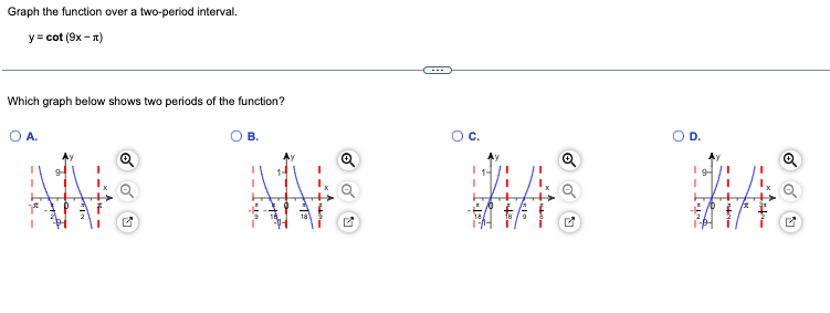 Graph the function over a two-period interval.
y=cot (9x-л)
Which graph below shows two periods of the function?
O A.
O B.
1
O C.
INA
O
D.