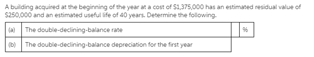 A building acquired at the beginning of the year at a cost of S1,375,000 has an estimated residual value of
S250,000 and an estimated useful life of 40 years. Determine the following.
(a) The double-declining-balance rate
(b) The double-declining-balance depreciation for the first year
