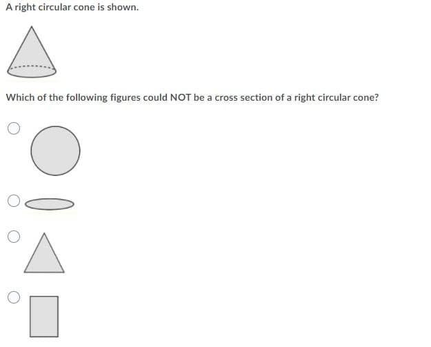 A right circular cone is shown.
Which of the following figures could NOT be a cross section of a right circular cone?
