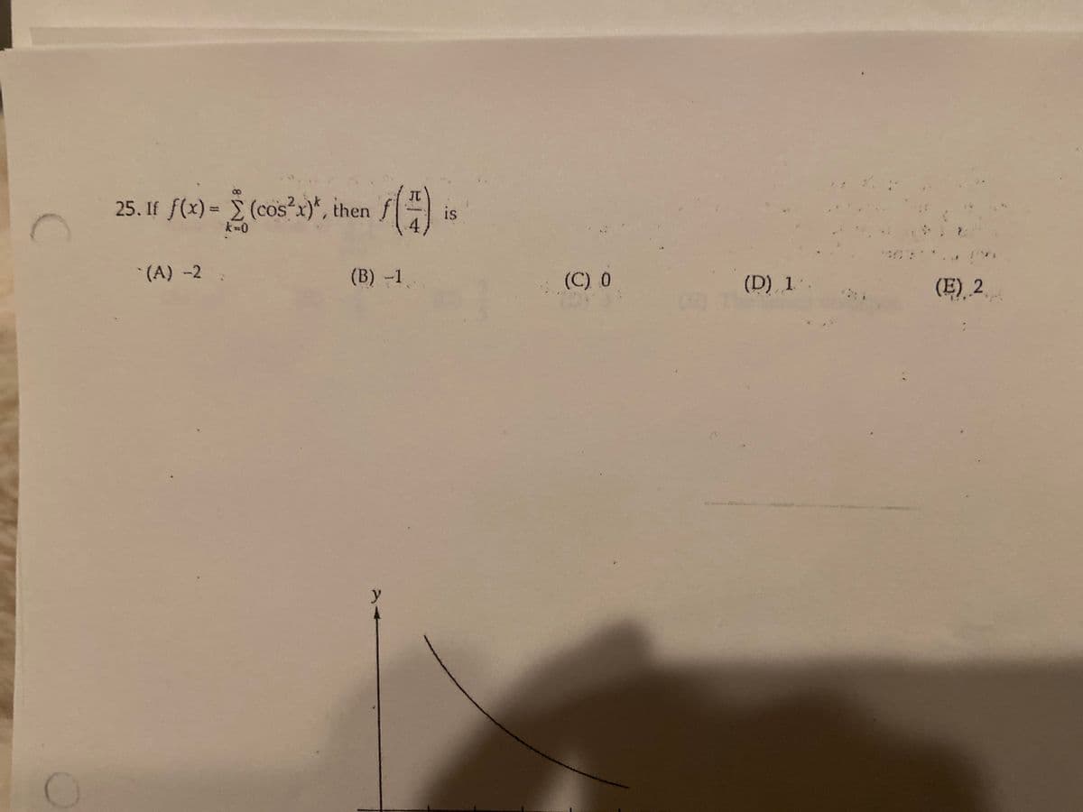 25. If f(x) = (cos x)*, then f
is
k-0
4
(A) -2
(B) -1
(C) 0
(D) 1.
(E) 2

