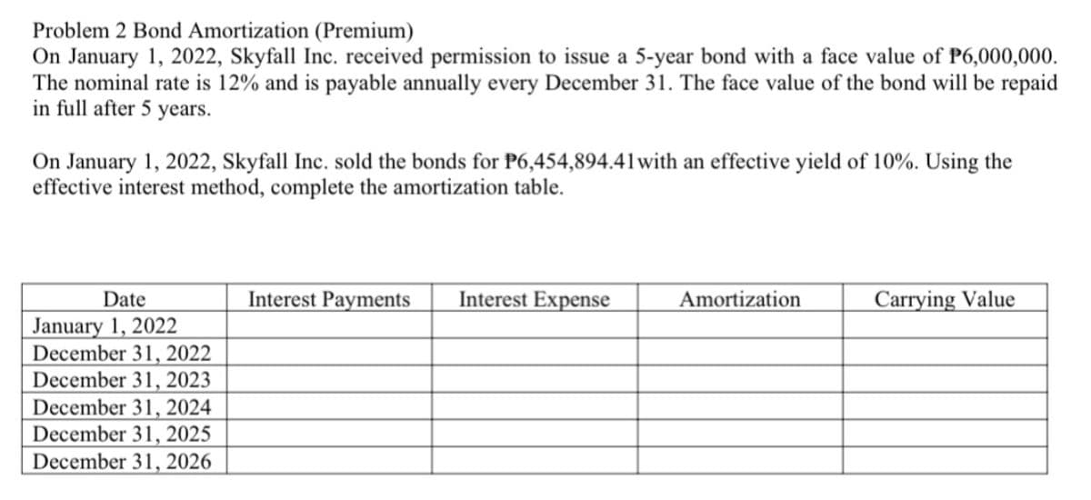 Problem 2 Bond Amortization (Premium)
On January 1, 2022, Skyfall Inc. received permission to issue a 5-year bond with a face value of P6,000,000.
The nominal rate is 12% and is payable annually every December 31. The face value of the bond will be repaid
in full after 5 years.
On January 1, 2022, Skyfall Inc. sold the bonds for P6,454,894.41with an effective yield of 10%. Using the
effective interest method, complete the amortization table.
Date
Interest Payments
Interest Expense
Amortization
Carrying Value
January 1, 2022
December 31, 2022
December 31, 2023
December 31, 2024
December 31, 2025
December 31, 2026
