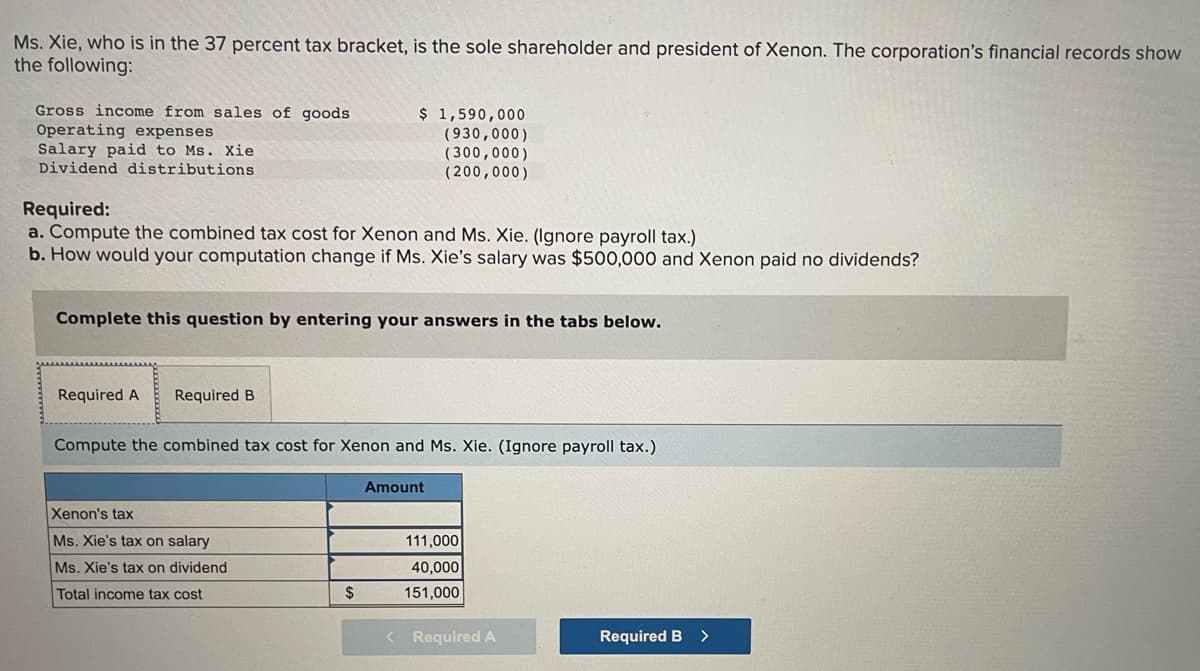 Ms. Xie, who is in the 37 percent tax bracket, is the sole shareholder and president of Xenon. The corporation's financial records show
the following:
Gross income from sales of goods
Operating expenses
Salary paid to Ms. Xie
Dividend distributions
$ 1,590,000
(930,000)
(300,000)
(200,000)
Required:
a. Compute the combined tax cost for Xenon and Ms. Xie. (Ignore payroll tax.)
b. How would your computation change if Ms. Xie's salary was $500,000 and Xenon paid no dividends?
Complete this question by entering your answers in the tabs below.
Required A
Required B
Compute the combined tax cost for Xenon and Ms. Xie. (Ignore payroll tax.)
Amount
Xenon's tax
Ms. Xie's tax on salary
111,000
Ms. Xie's tax on dividend
40,000
Total income tax cost
2$
151,000
Required A
Required B
>
