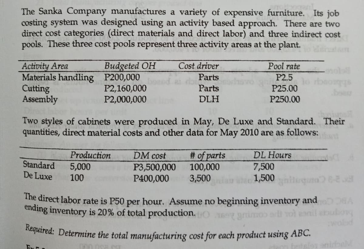 Required: Determine the total manufacturing cost for each product using ABC.
The Sanka Company manufactures a variety of expensive furniture. Its job
costing system was designed using an activity based approach. There are two
direct cost categories (direct materials and direct labor) and three indirect cost
pools. These three cost pools represent three activity areas at the plant.
Activity Area
Materials handling P200,000
Cutting
Assembly
Budgeted OH
Cost driver
Pool rate
Parts
P2.5
P2,160,000
P2,000,000
Parts
P25.00
DLH
P250.00
Two styles of cabinets were produced in May, De Luxe and Standard. Their
quantities, direct material costs and other data for May 2010 are as follows:
Standard
De Luxe
Production
5,000
DM cost
P3,500,000
P400,000
# of parts
100,000
3,500
DL Hours
7,500
1,500
100
The direct labor rate is P50 per hour. Assume no beginning inventory and
ending inventory is 20% of total production.
borg
wolad
animos
anirbeM
