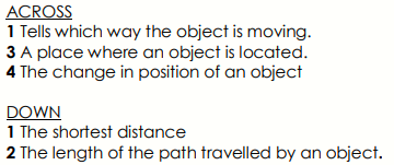 ACROSS
1 Tells which way the object is moving.
3 A place where an object is located.
4 The change in position of an object
DOWN
1 The shortest distance
2 The length of the path travelled by an object.
