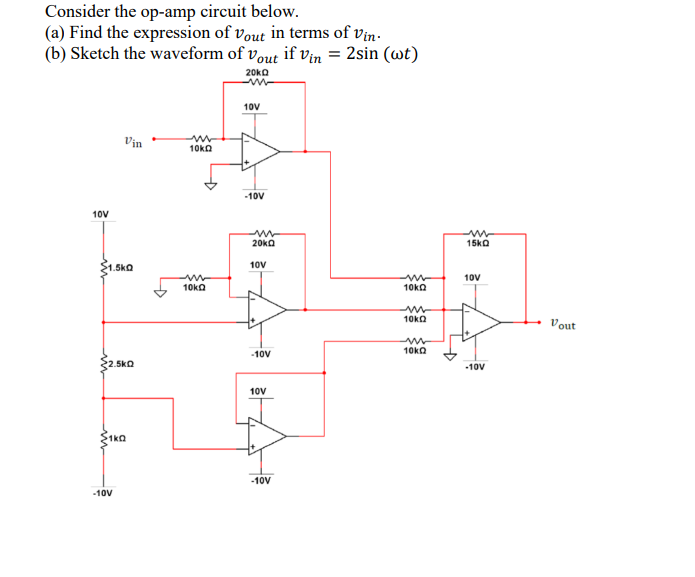 Consider the op-amp circuit below.
(a) Find the expression of vout in terms of vin.
(b) Sketch the waveform of vout if vin = 2sin (wt)
20ko
10V
Vin
10ka
-10V
10V
20ka
15ka
10V
1.5ka
10V
10ka
10ka
10ka
Vout
10ka
-10V
2.5kQ
-10V
10V
Ika
-10V
-10V
