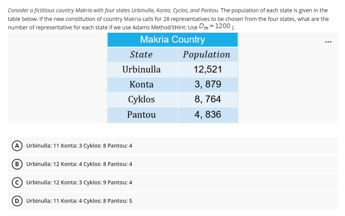 Consider a fictitious country Makria with four states Urbinulla, Konta, Cyclos, and Pantou. The population of each state is given in the
table below. If the new constitution of country Makria calls for 28 representatives to be chosen from the four states, what are the
number of representative for each state if we use Adams Method?(Hint: Use Dm = 1200 ).
Makria Country
State
Роpulation
Urbinulla
12,521
Konta
3, 879
Cyklos
8, 764
Pantou
4, 836
A
Urbinulla: 11 Konta: 3 Cyklos: 8 Pantou: 4
В
Urbinulla: 12 Konta: 4 Cyklos: 8 Pantou: 4
Urbinulla: 12 Konta: 3 Cyklos: 9 Pantou: 4
Urbinulla: 11 Konta: 4 Cyklos: 8 Pantou: 5
