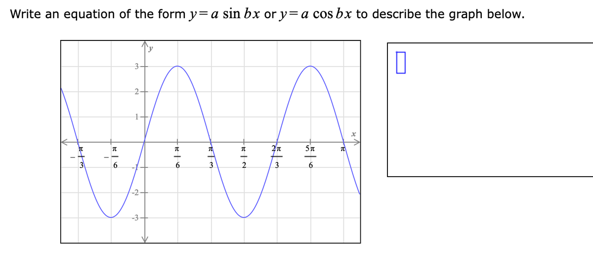 Write an equation of the form y=a sin bx or y=a cos bx to describe the graph below.
2.
TO
6
3
2.
3.
-2
-3
