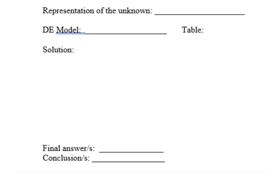 Representation of the unknown:
DE Model:
Solution:
Final answer/s:
Conclusion/s:
Table: